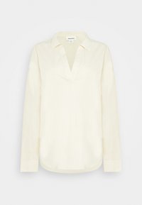 Chemise jaune clair à manches longues, présentant un col en V, des poignets boutonnés et un ourlet droit. Confectionnée dans un tissu doux à texture lisse.