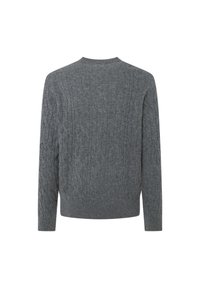 Grauer gestrickter Pullover mit einem Zopfmuster, Rundhalsausschnitt, langen Ärmeln und gerippten Bündchen und Saum. Das Material wirkt weich und strukturiert.