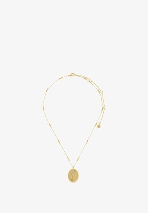Collar en tono dorado con un colgante ovalado que presenta un grabado floral colorido y pequeños acentos esféricos a lo largo de la cadena.