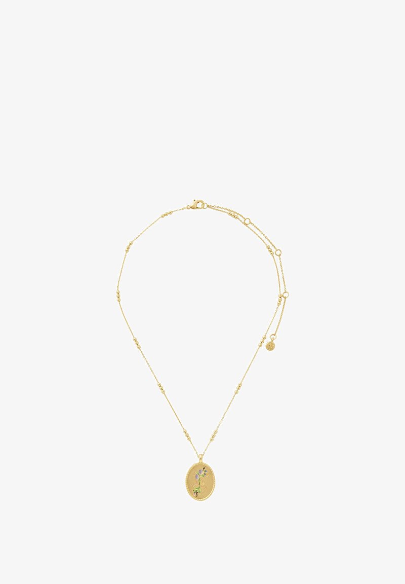 Guldtonet halskæde med en oval vedhæng som har farverige blomster indgraveringer og små sfæriske detaljer langs kæden.