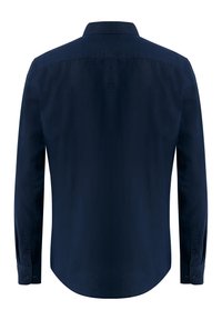 Marineblauwe lange mouwen shirt, effen kleur, achteraanzicht, met een klassieke kraag, knoopmanchetten en een afgeronde zoom, gemaakt van een gladde stof.