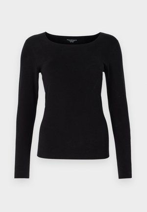 Black long-sleeve top with a scoop neckline, made from smooth fabric. The design features a fitted shape and minimal detailing.