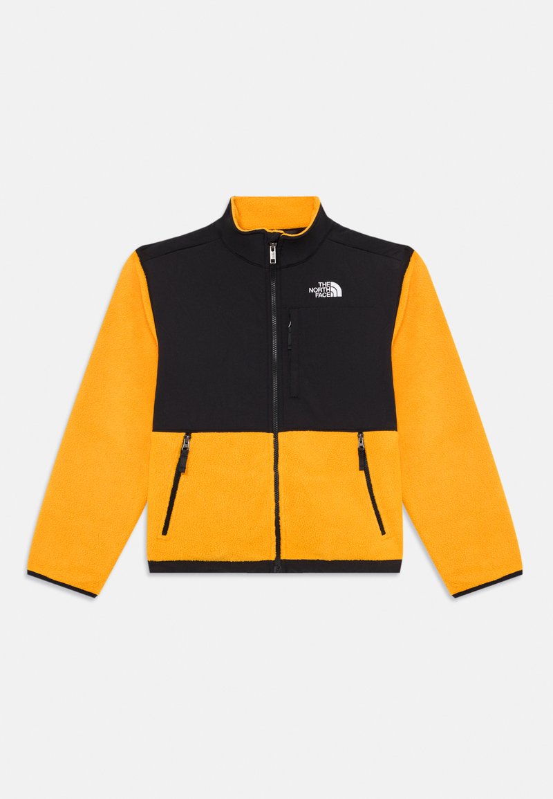 Casaco de fleece com fecho na frente, apresentando painéis superiores pretos e secções inferiores amarelas vibrantes, dois bolsos laterais com fecho e um colarinho alto.