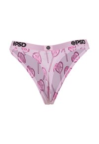 Sous-vêtement style bikini rose avec imprimé sucette en forme de cœur et ceinture élastique PSD de marque en noir et rose.