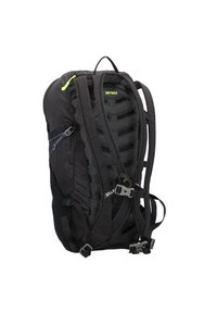 Schwarzer Wanderrucksack mit gepolsterten Schultergurten, belüftetem Mesh-Rückenpanel, einem oberen Griff und seitlichen Anpassungsruckschnallen.