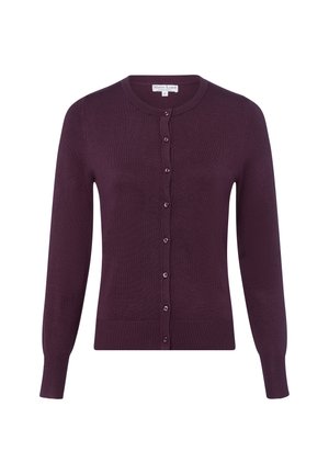 Lila langärmlige Strickjacke aus weichem Nähstoff, mit rundem Ausschnitt, Knopfverschluss sowie gerippten Bündchen und Saum.