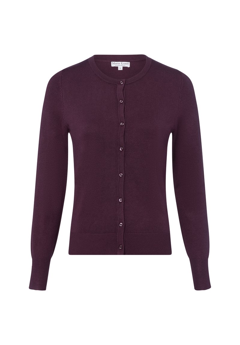 Lila langärmlige Strickjacke aus weichem Nähstoff, mit rundem Ausschnitt, Knopfverschluss sowie gerippten Bündchen und Saum.
