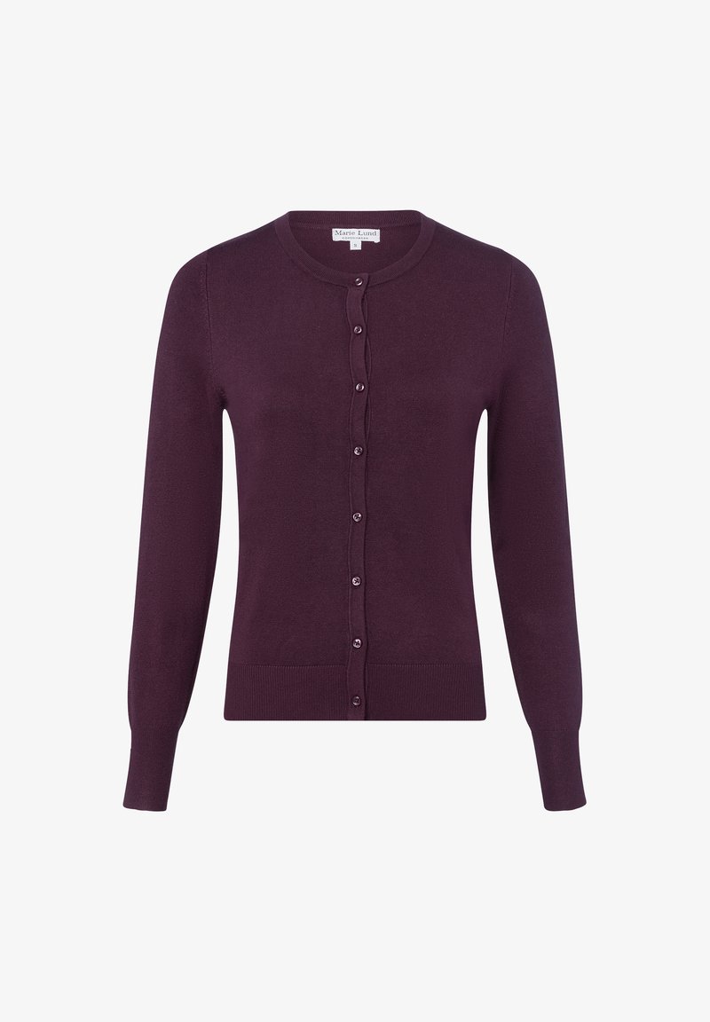 Lila langärmlige Strickjacke aus weichem Nähstoff, mit rundem Ausschnitt, Knopfverschluss sowie gerippten Bündchen und Saum.