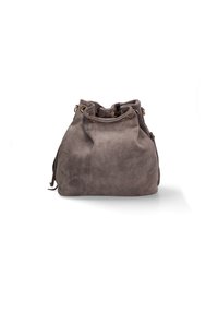 Borsa a secchiello in suede grigio con una texture morbida, forma arrotondata, apertura arricciata e dettagli in metallo dorato. Nessun motivo visibile.