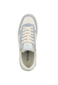 Light beige and blue sneaker featuring a suede upper, mesh detailing, lace-up closure, and a flat rubber sole. Brand logo on tongue.
