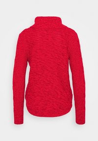 Rode gebreide trui met een hoge ribbelkraag, lange kabelgebreide mouwen en een licht afgeronde zoom, getoond van achteren.