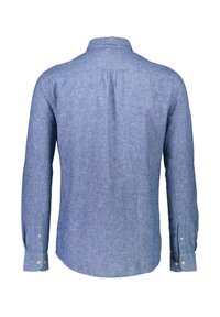 Langarmshirt van lichtblauwe linnen stof. Voorzien van een puntkraag en knoopmanchetten. Rugplooidetail voor een relaxte pasvorm.