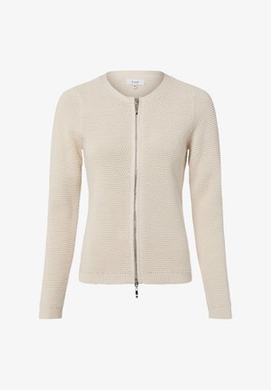 Cardigan tricoté couleur crème avec un col rond, fermeture éclair complète à l'avant, poignets et ourlet côtelés. Motif texturé sur tout le tissu.