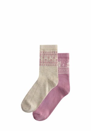 Wool-blend socks, one beige with a patterned cuff, the other solid pink. Both feature a soft texture and mid-calf length design.