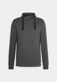 Sweat à capuche gris foncé, en tissu doux. Comprend un col montant avec cordons, des poignets côtelés et un ourlet ajusté.
