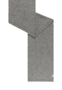 Gray wool scarf featuring a soft, textured finish with a rectangular shape and a small brand tag on one end.