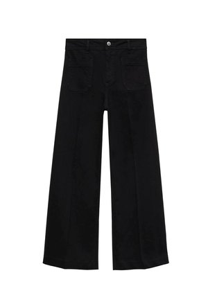 Pantalons en denim noir à jambes larges avec taille haute, poches avant, passants de ceinture et fermeture à boutons.