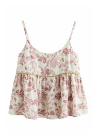 Maiou crem fără mâneci cu model floral roz, bretele subțiri, trei nasturi în față și un tiv larg, strâns la talie, de culoare verde deschis.