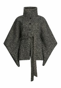 Poncho in lana grigia scuro con motivo a scacchi, dotato di un alto colletto, chiusura con bottoni e una cintura annodata in vita. Finitura testurizzata distintiva.