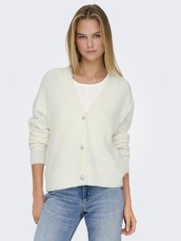 Light cream cardigan made of soft fabric, featuring a v-neckline, long sleeves, and five decorative buttons down the front. Textured finish.