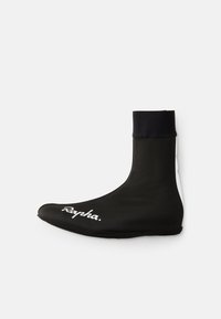 Cubrezapatos para ciclismo impermeables en negro con un diseño ajustado, material suave y un logo blanco en el lado. Cuenta con un tobillo alto.