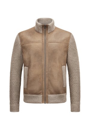 Braune Wildlederjacke mit gestrickten beigen Ärmeln, geripptem Kragen, Bündchen und Saum und einem zentralen Frontreißverschluss mit zwei Fronttaschen.
