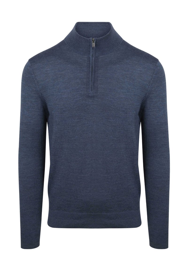 Heren blauwe sweater met lange mouwen, hoge kraag en een kwart rits bij de hals, gemaakt van fijn gebreid materiaal.