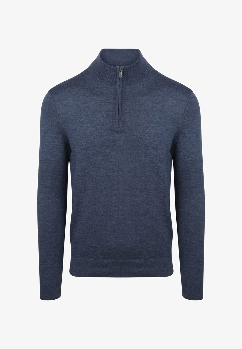 Heren blauwe sweater met lange mouwen, hoge kraag en een kwart rits bij de hals, gemaakt van fijn gebreid materiaal.