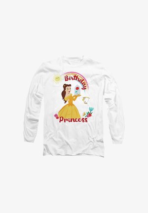 Weißes Langarmshirt mit einem cartoonhaften Prinzessin in einem gelben Kleid, die eine Rose hält, mit dem Text "Geburtstagsprinzessin" in Rot und bunten Akzenten.