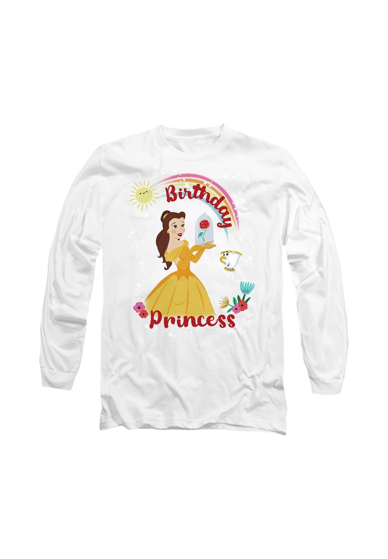 White long-sleeve shirt featuring a cartoon princess in a yellow gown, holding a rose, with "Birthday Princess" text in red and colorful accents.