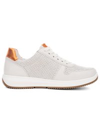 White perforated leather sneaker with metallic orange heel tab, white laces, cushioned sole, and textured brown outsole.