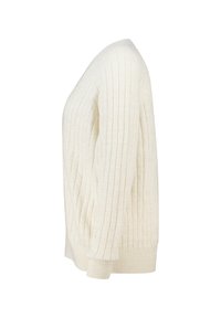 Crème-kleurige trui met een verticale ribbelstructuur, ronde halslijn en lange mouwen. Zacht materiaal met gebreide manchetten en zoom.