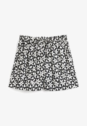 Czarno-białe szorty w abstrakcyjne geometryczne wzory, z elastycznym pasem i sznurkiem do regulacji, wyposażone w boczne kieszenie.