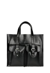 Borsa a tracolla nera in pelle con doppio manico superiore, caratterizzata da due tasche frontali chiuse da fibbie argentate e una texture liscia e lucida.