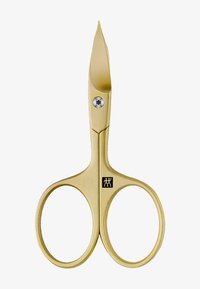 Gouden scharen met gebogen bladen, een gladde afwerking, ronde vingergrips en een zilveren schroefdetail nabij het draaipunt.