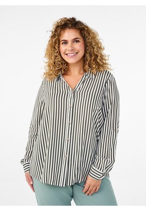 Camicia a righe verde oliva e bianca, con colletto, maniche lunghe e bottoni metallici, abbinata a pantaloni azzurri chiari.