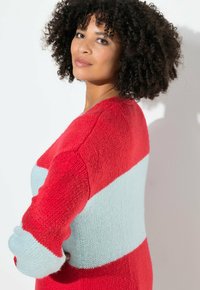 Gestreifter Pullover in Rot und Hellblau mit strukturiertem Strick. Hat einen runden Halsausschnitt und lange Ärmel, mit einem entspannten Schnitt.