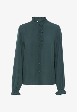 Tume roheline pika varrukaga pluus rihvelda kolmnurgaga, nööpidega esiosa ja kokku kogutud mansettidega. Sile kangas kergelt läikiva pinnaga.