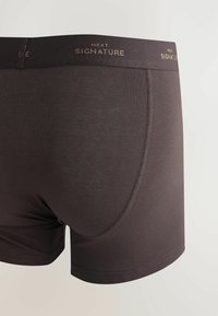 Sötétbarna boxeralsó elasztikus anyagból, fekete gumiszalaggal, amelyen arany betűkkel a "NEXT SIGNATURE" felirat olvasható. Sima textúra, testhez simuló kialakítás.
