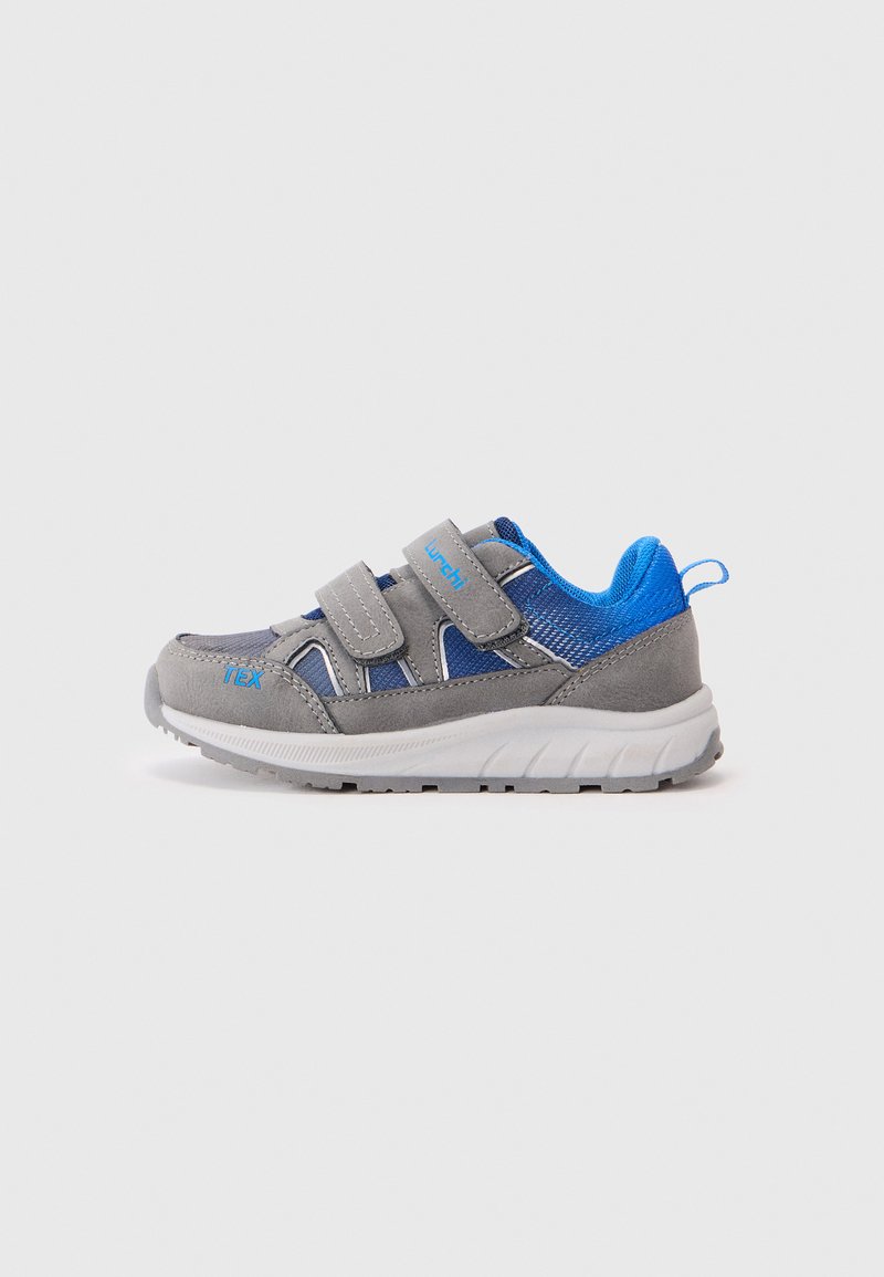 Gray and blue hiking shoe with Velcro straps, a textured mesh upper, padded collar, and rubber sole featuring a tread pattern.