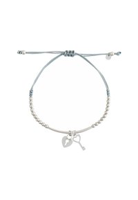 Verstellbares graues Kordelarmband mit silbernen Perlen, in der Mitte mit herzförmigen Schloss- und Schlüsselanhängern.