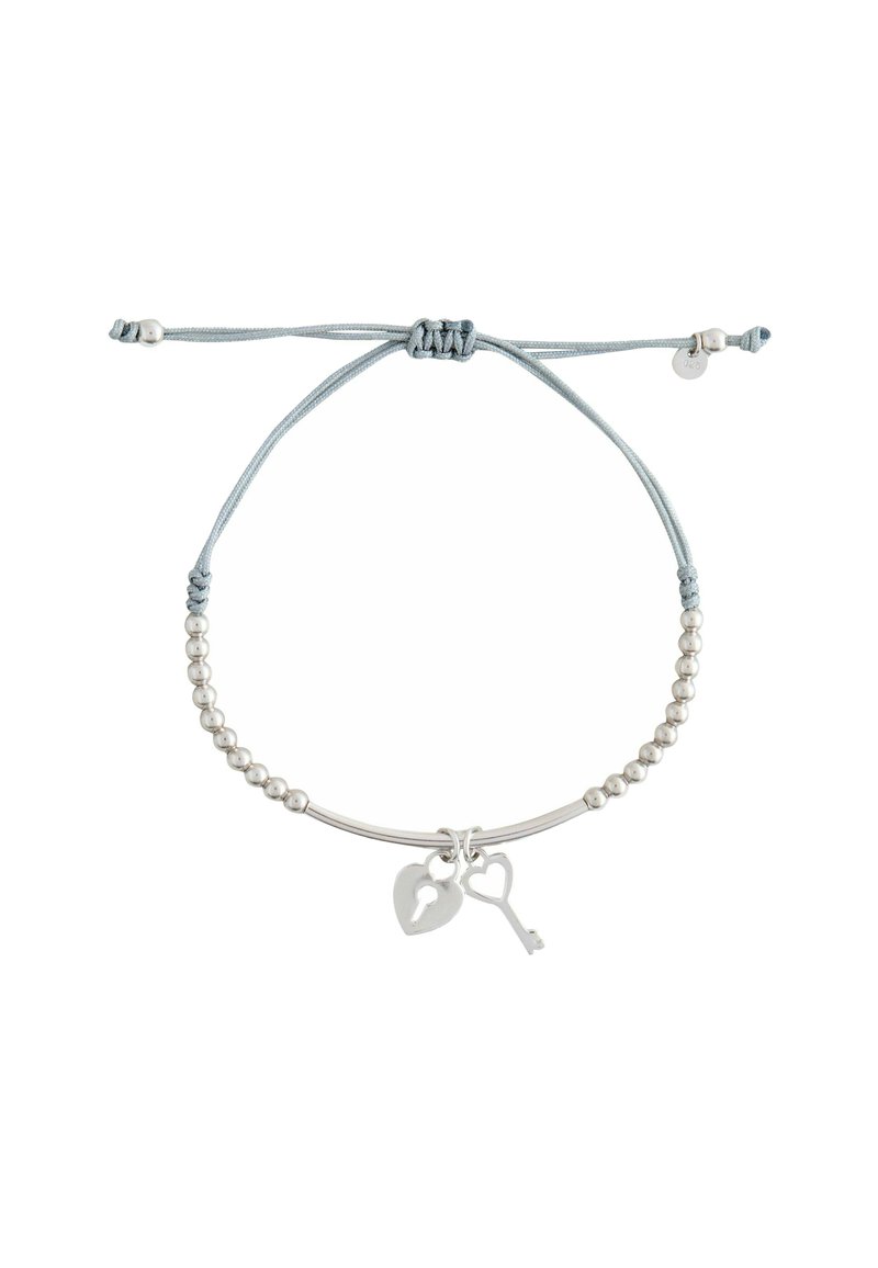 Verstellbares graues Kordelarmband mit silbernen Perlen, in der Mitte mit herzförmigen Schloss- und Schlüsselanhängern.