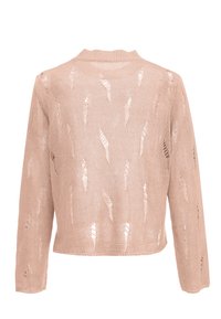 Lichtroze brei-sweater met een ronde halslijn en lange mouwen, met een losse structuur en opzettelijke versleten details overal.