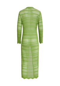 Langer, transparenter Melange-Cardigan in leuchtendem Grün. Mit einem strukturierten, offen gestrickten Design, langen Ärmeln und einem gewellten Saum. Sichtbares Muster im gesamten Cardigan.