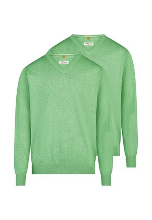 To lysegrønne V-udskårne langærmede trøjer med ribstrikkede manchetter og taljebånd, mærket med et lille "redmond"-mærke inde i kraven.