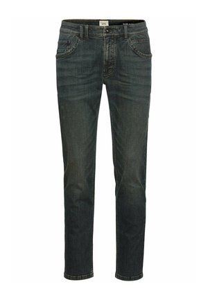 Slim-fit donkerblauwe jeans van denim, voorzien van vijf zakken, een rits en subtiele vervaging langs de benen voor een moderne uitstraling.