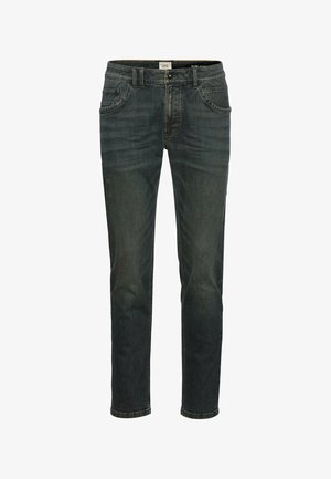 Slim-fit mørkeblå jeans lavet af denim, med fem lommer, lynlås og subtile folder langs benene for et moderne look.