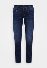 Vaqueros de denim azul oscuro con un corte slim, cinco bolsillos, costuras claras y cierre de botón en la cintura. Textura suave, diseño clásico.