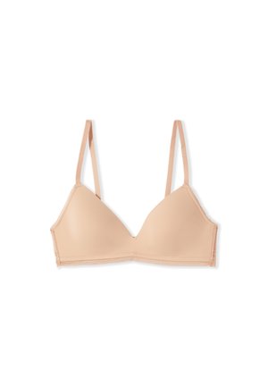 Reggiseno beige leggermente imbottito con spalline sottili regolabili e coppe senza cuciture, progettato per il comfort e l'uso quotidiano.
