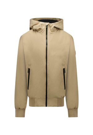 Beige gewatteerde jas met een zwarte ritssluiting aan de voorkant, twee zakken met rits, geribbelde manchetten en een aansluitende tailleband.